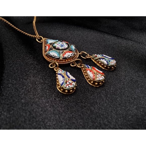 Vintage Italian Gold-Tone Mosaic Pendant Necklace With Dangle Charms & Chain - Picture 4 of 7